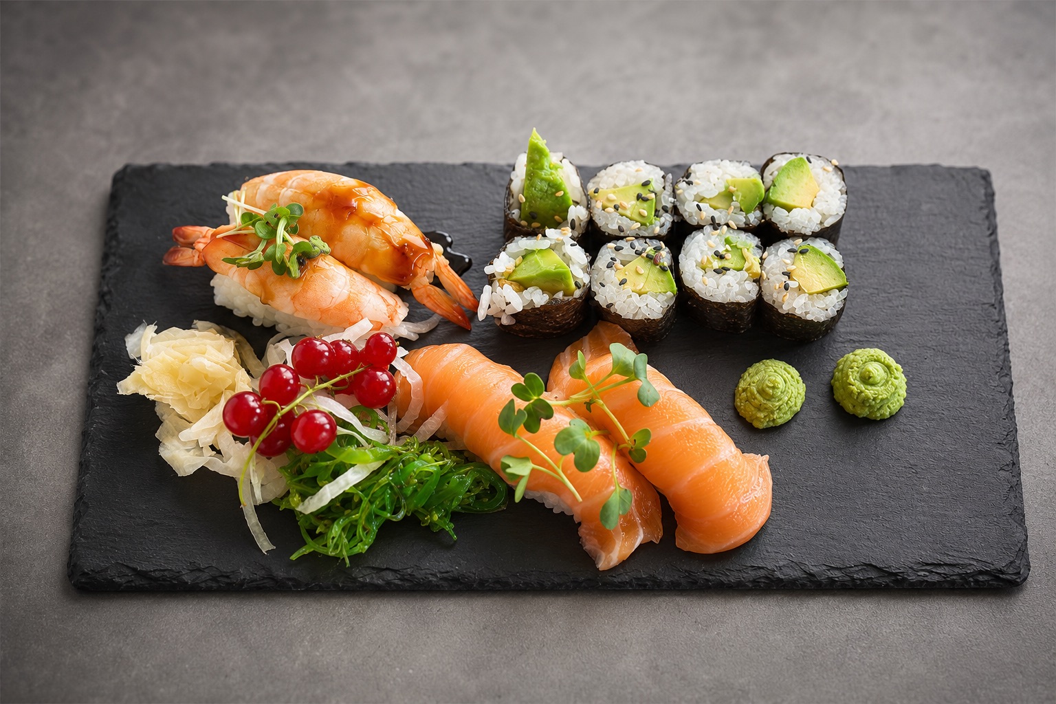 Avocado-Maki, Lachs-Nigiri und Garnelen-Nigiri auf Schieferbrett
